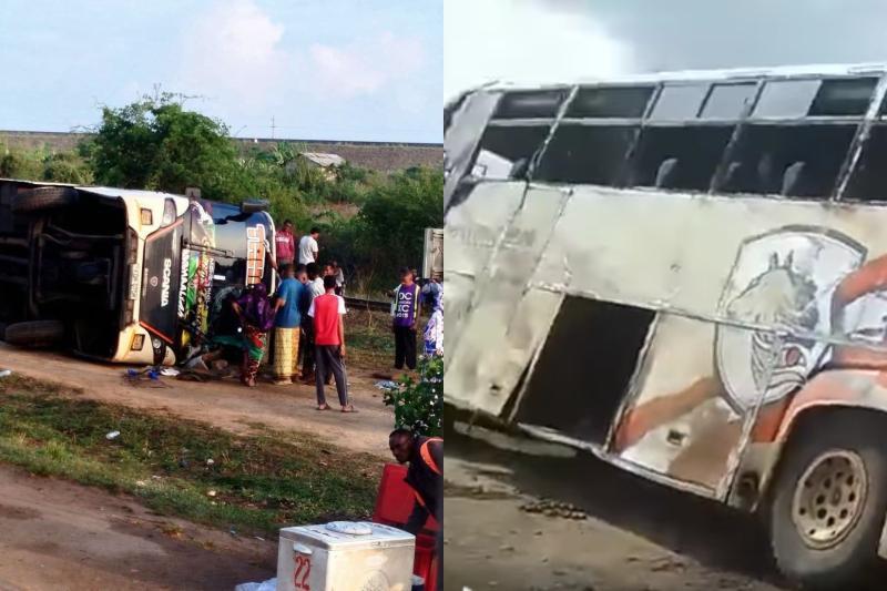 Collage photo of a Tahmeed bus involved in a road accident.